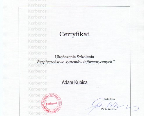 Certyfikat Bezpieczeństwo Systemów Informatycznych