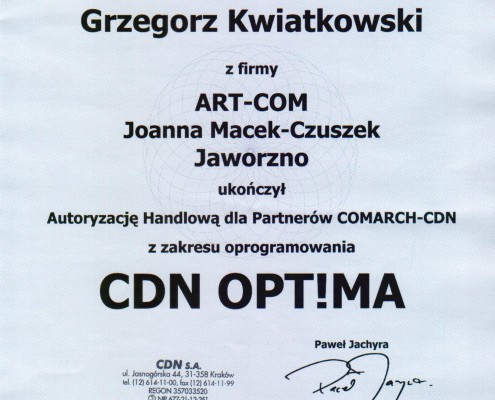 Certyfikat z zakresu oprogramowania CDN OPT!MA