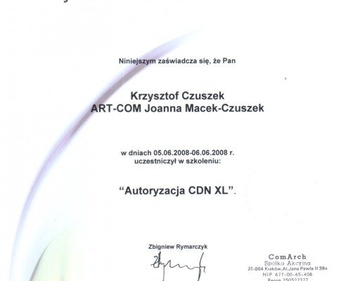 Certyfikat nr 2 z zakresu Autoryzacja CDN XL