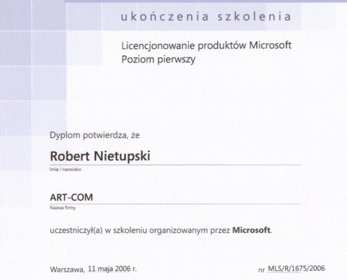 Dyplom ukończenia szkolenia z licencjonowania Microsoft