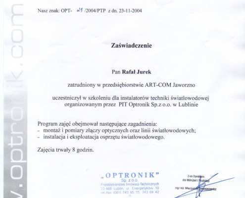 Zaświadczenie Optronik