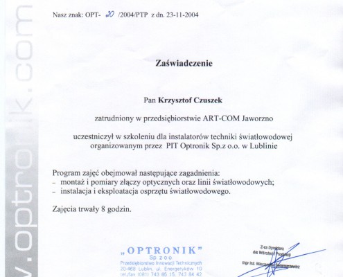 Zaświadczenie Optronik