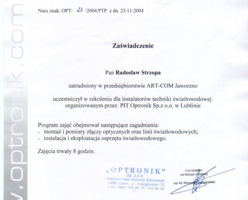 Zaświadczenie Optronik