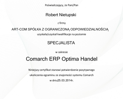 Certyfikat w zakresie Comarch ERP Optima Handel