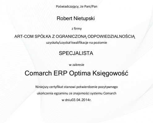 Certyfikat w zakresie Comarch ERP Optima Księgowość