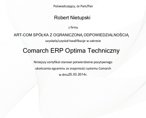 Certyfikat w zakresie Comarch ERP Optima Techniczny