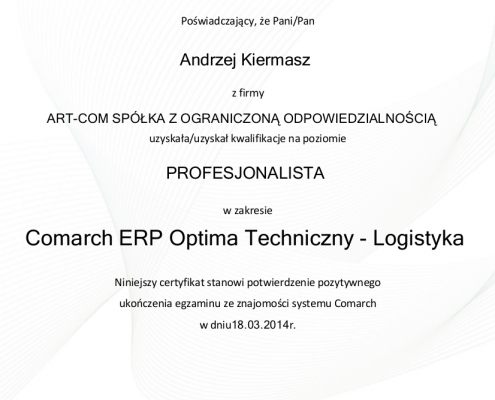 Certyfikat w zakresie Comarch ERP Optima Techniczny - Logistyka