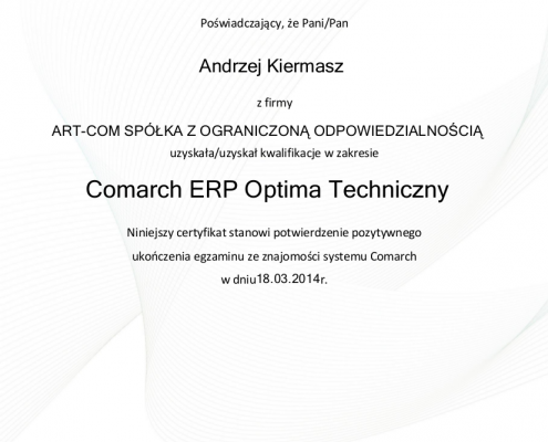 Certyfikat w zakresie Comarch ERP Optima Techniczny