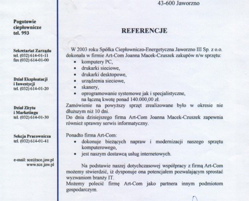 Referencje od Spółki Ciepłowniczo-Energetycznej Jaworzno III Sp. z o.o.