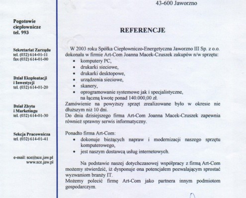 Referencje od Spółki Ciepłowniczo-Energetycznej Jaworzno III Sp. z o.o.